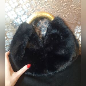 Zara Nwot Black Faux Fur Handbag with Gold Handle